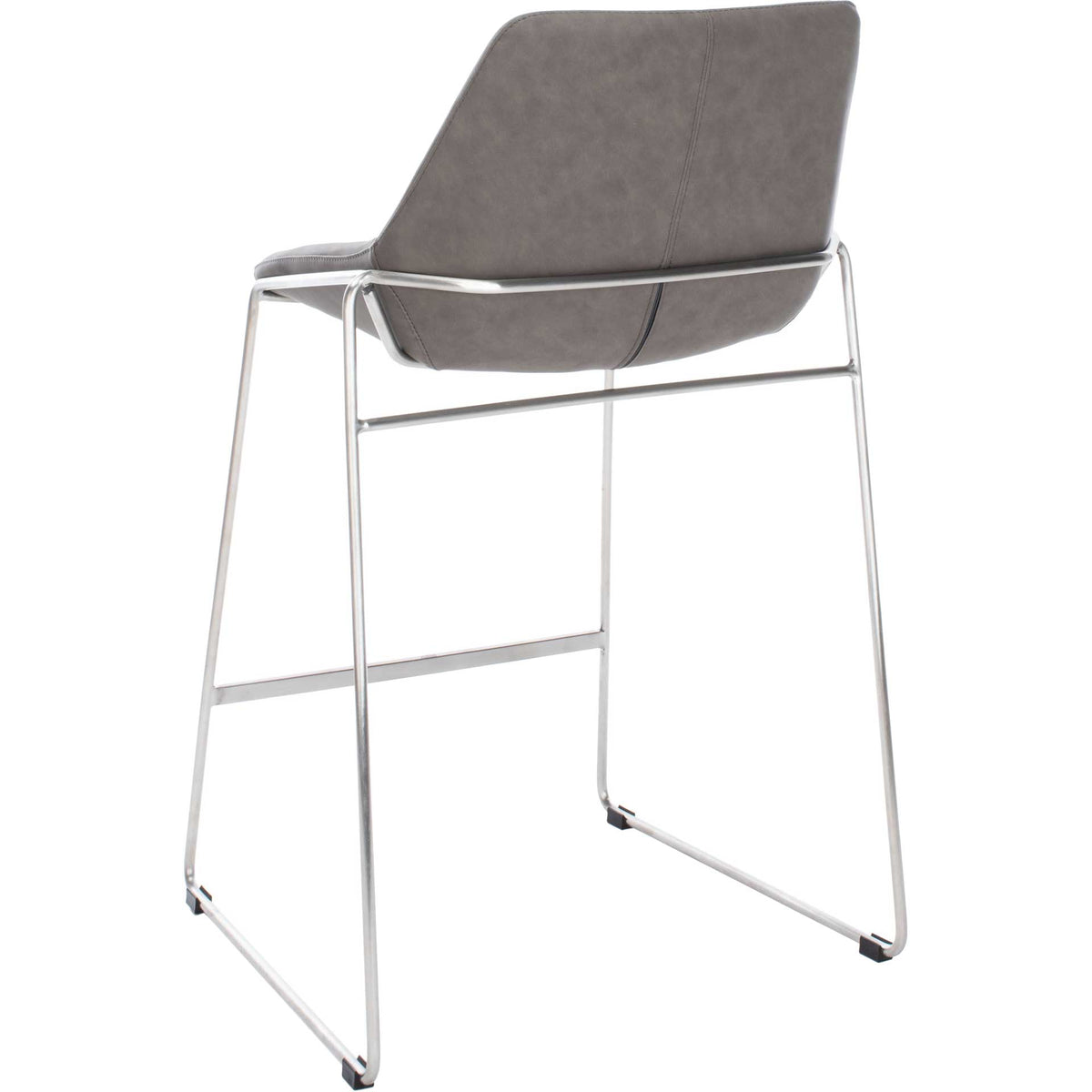 Gray upholstery wraps around the sculpted back above slim silver supports and a crossbar.