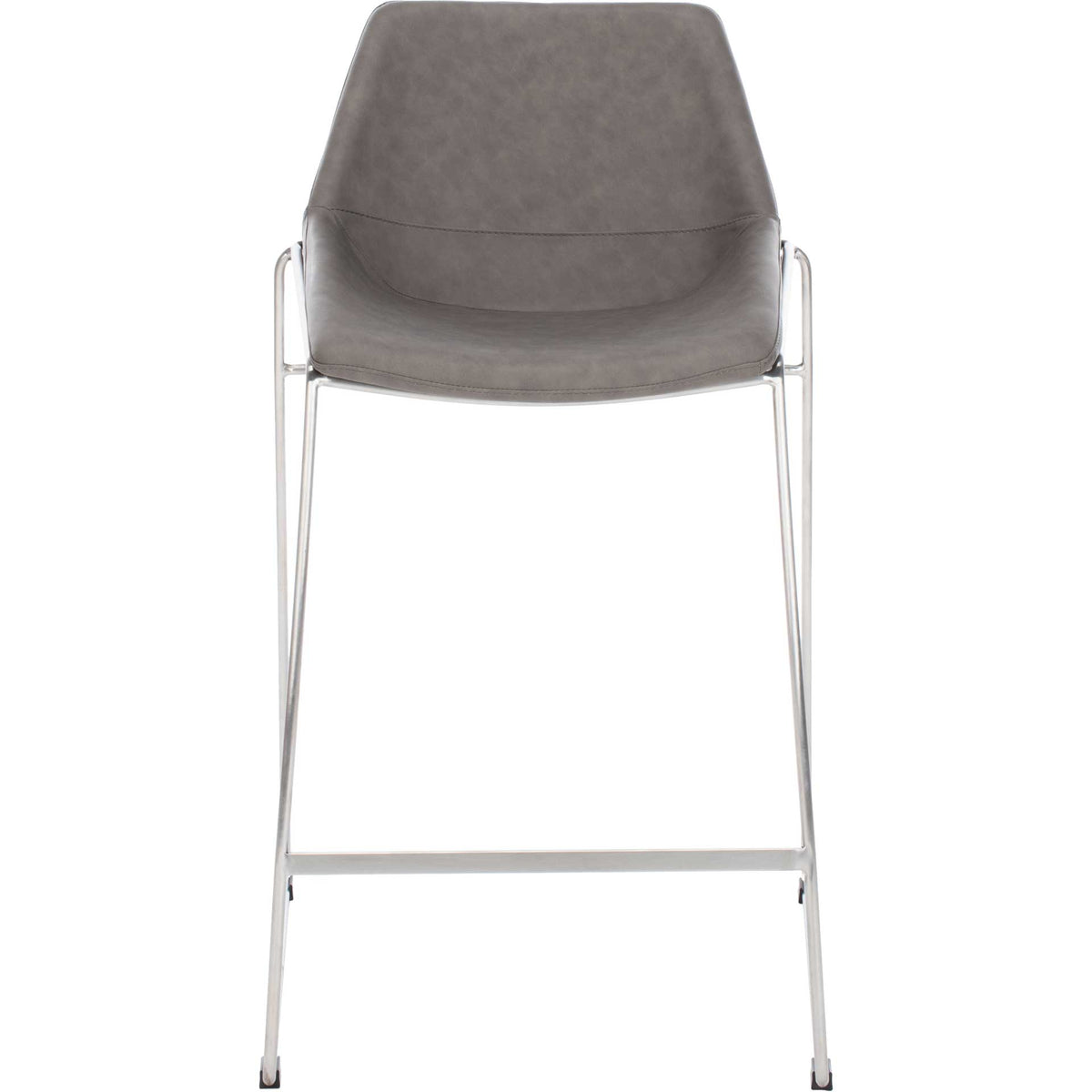 An ash gray faux leather seat and slim silver frame give this counter stool a sleek midcentury feel. || BST3000B || front_studio