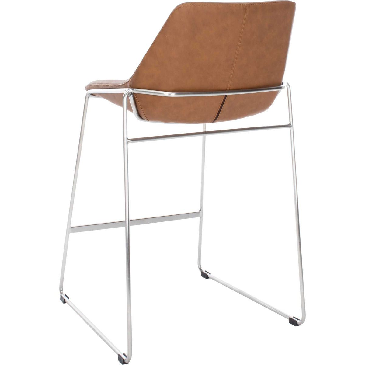 A cognac upholstered back flows into the seat, framed by sleek silver supports.