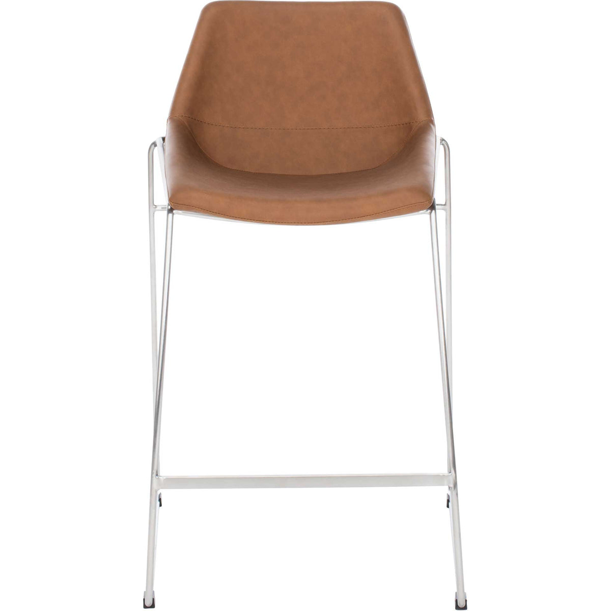 A cognac faux leather seat curves into a supportive back atop a slim silver frame. || BST3000C || front_studio