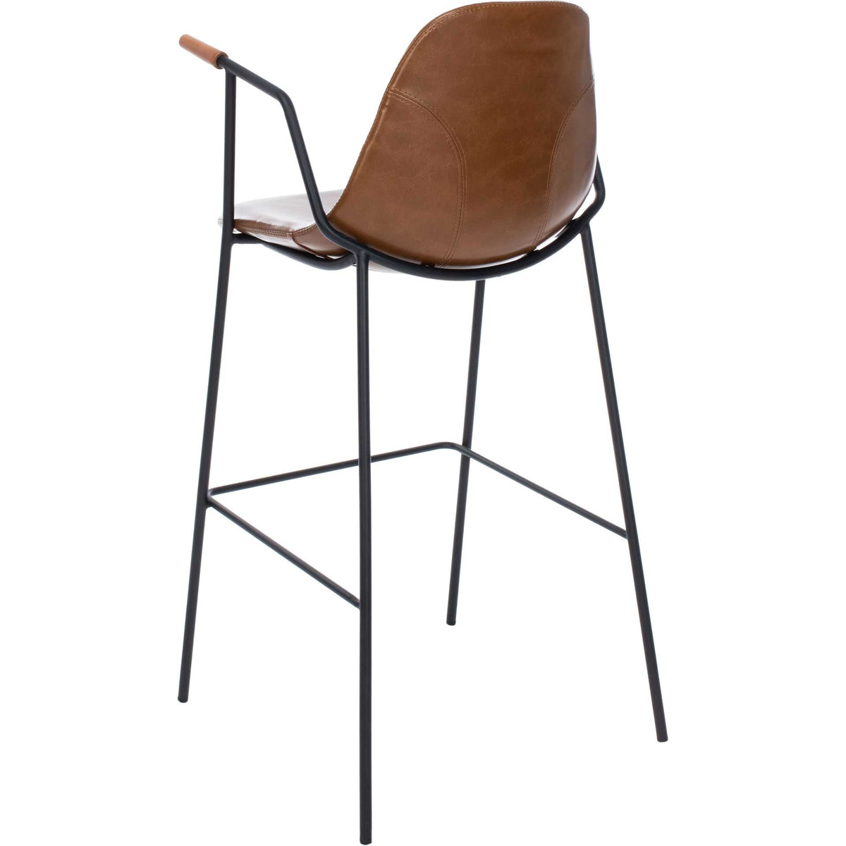 Warm cognac upholstery wraps the curved back above slender black legs and wood-finished arm tips