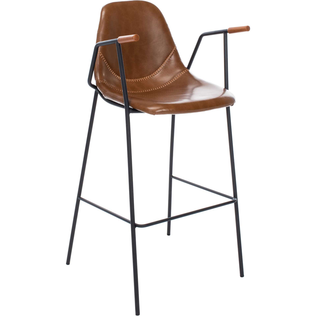 Cognac faux leather barstool pairs a curved, stitched seat with black metal legs and wood-tipped arms || BST3001A || front_angle_studio