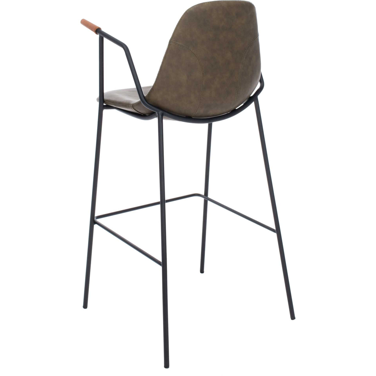 Curved olive backrest and warm wood-tipped arms rise above a slender black metal base