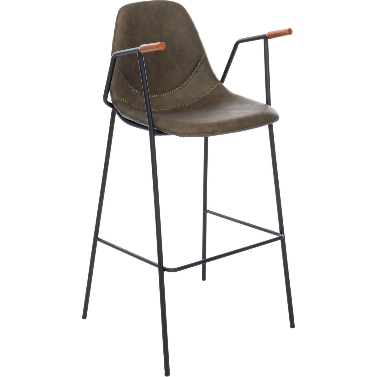 Olive faux leather barstool combines blanket stitching, wood-tipped arms and slender black legs || BST3001B || front_angle_studio