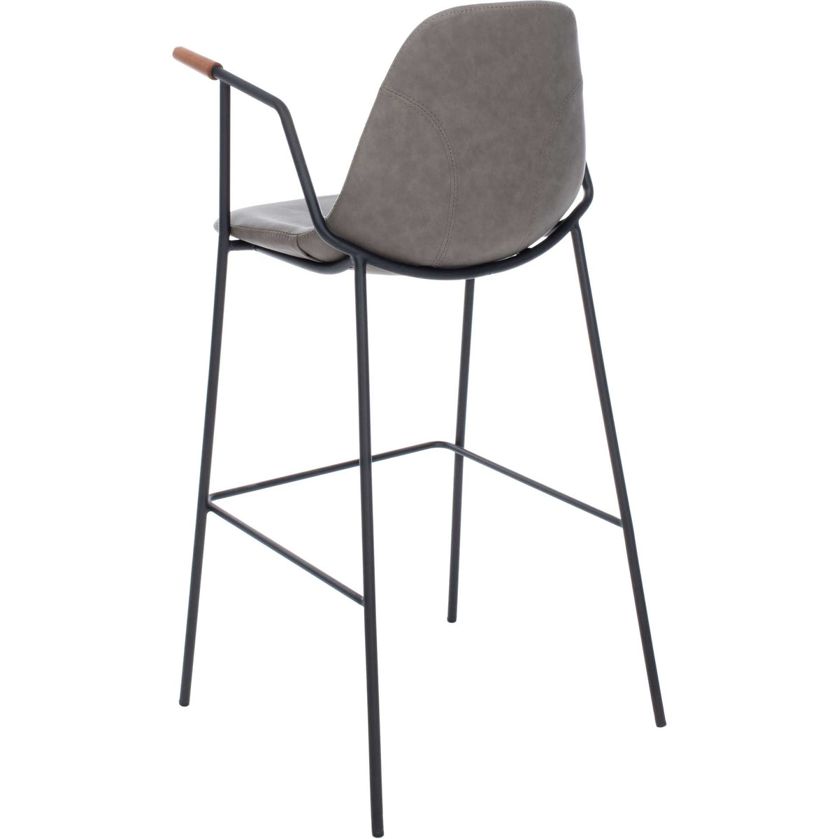 A curved ash-gray backrest nestles in a black metal frame with walnut-finished arm tips