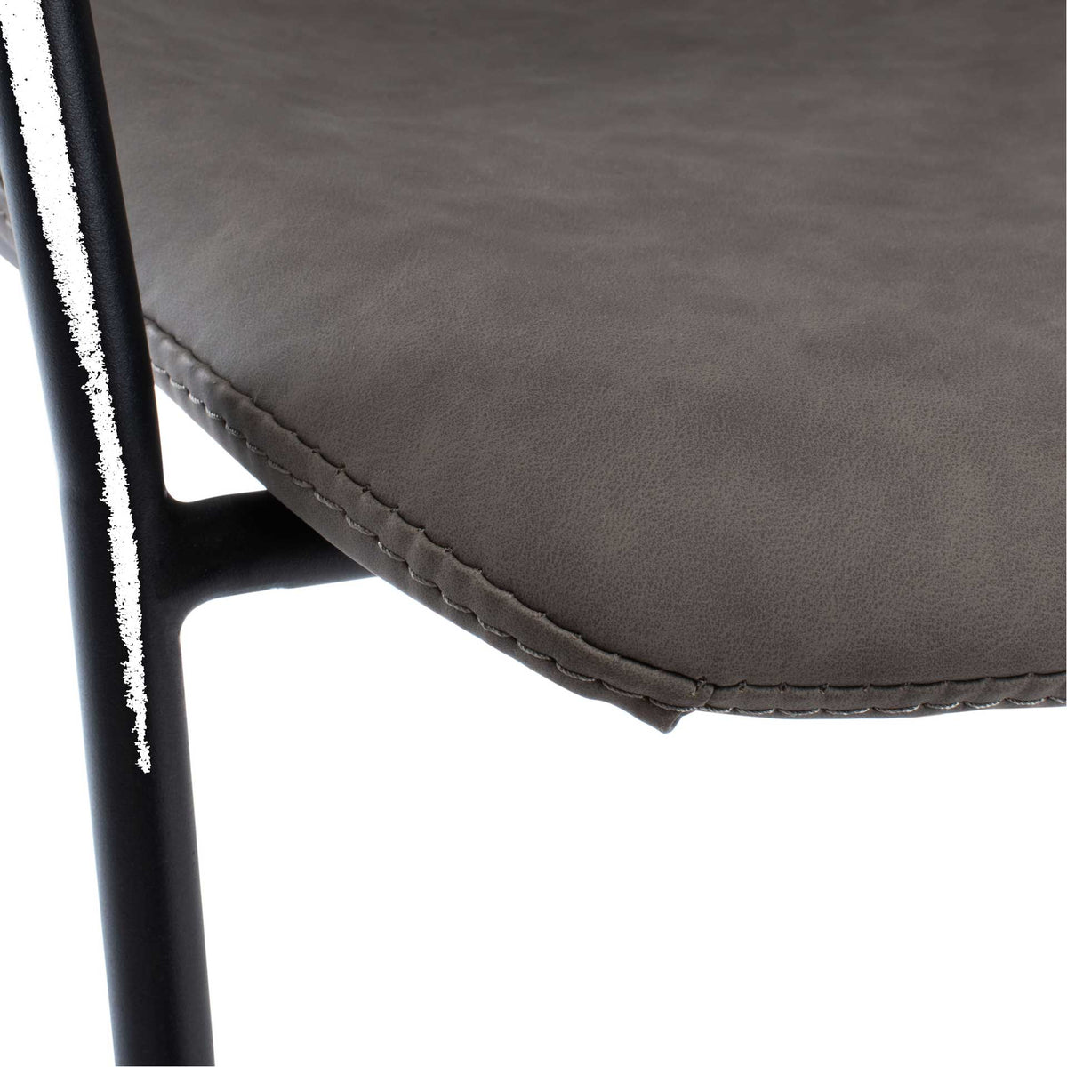Neat stitching traces the edge of the ash-gray faux leather seat beside a slim black metal support