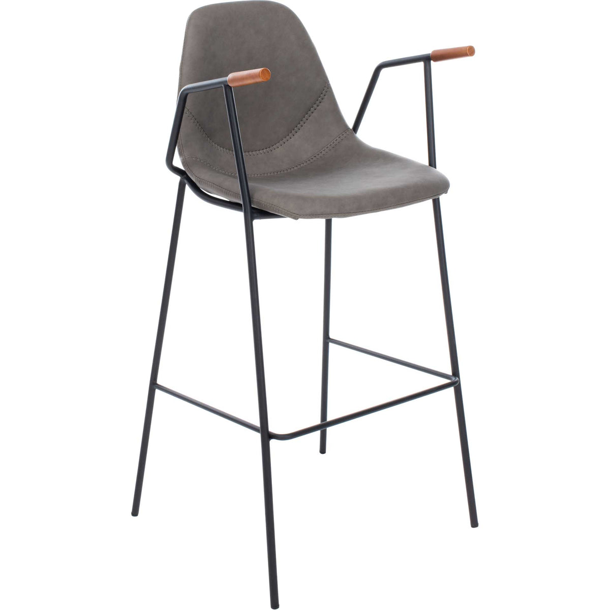 Ash-gray faux leather barstool pairs a curved, stitched seat with wood-tipped arms and slender black legs || BST3001C || front_angle_studio
