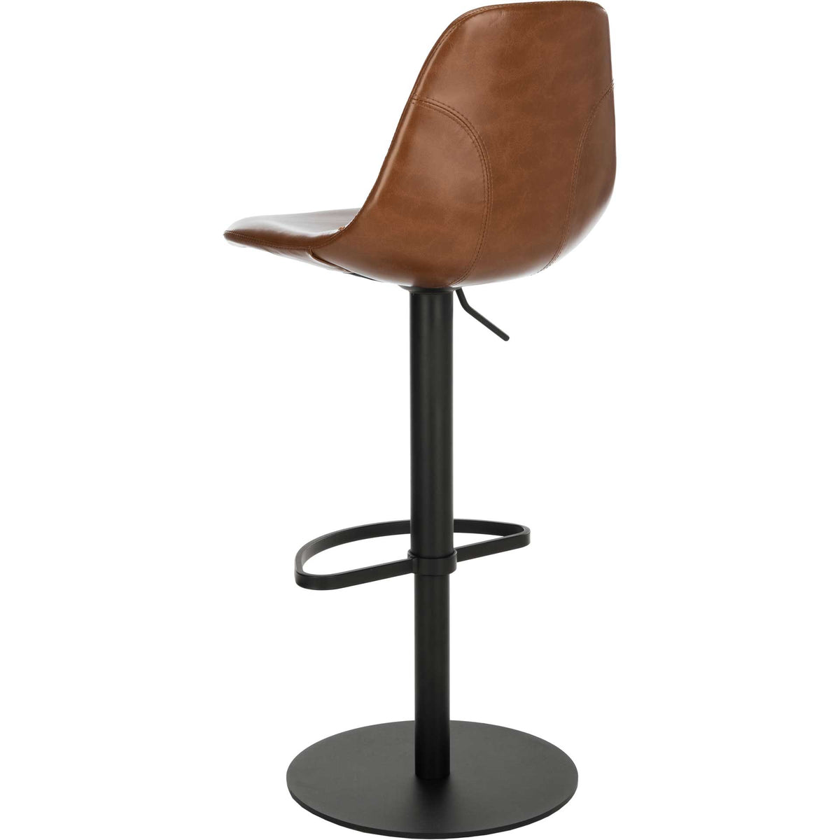 Cognac faux leather wraps the curved seat and back above a black metal footrest