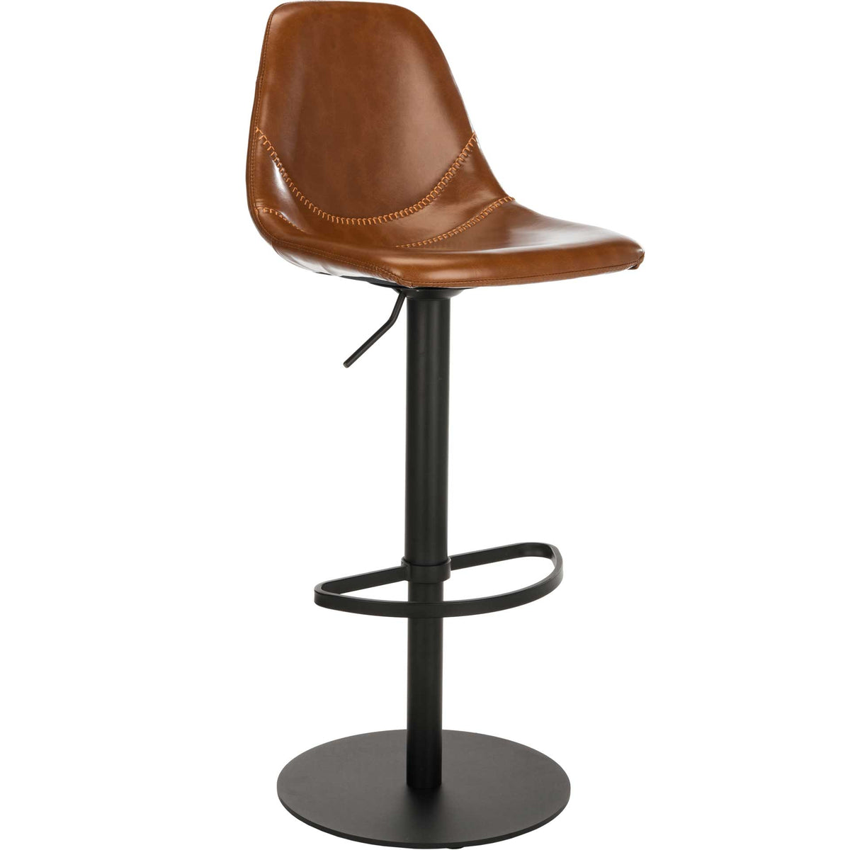 Contoured cognac faux leather seat with blanket stitching, a curved footrest, and a black pedestal base || BST3003A || front_angle_studio