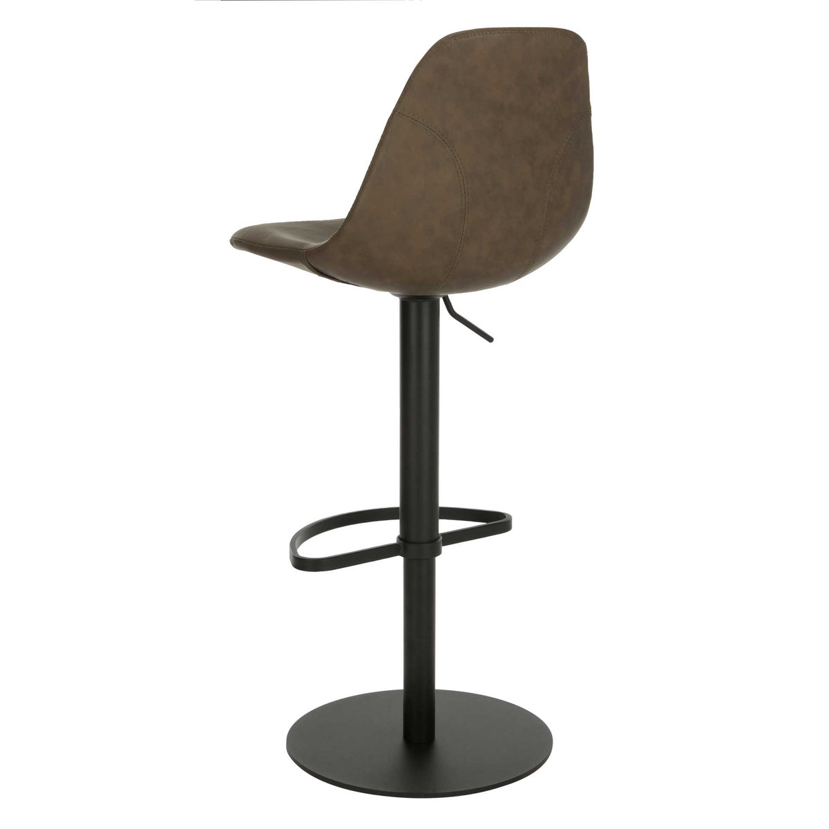Olive faux leather wraps the contoured back and seat above a slim black metal base