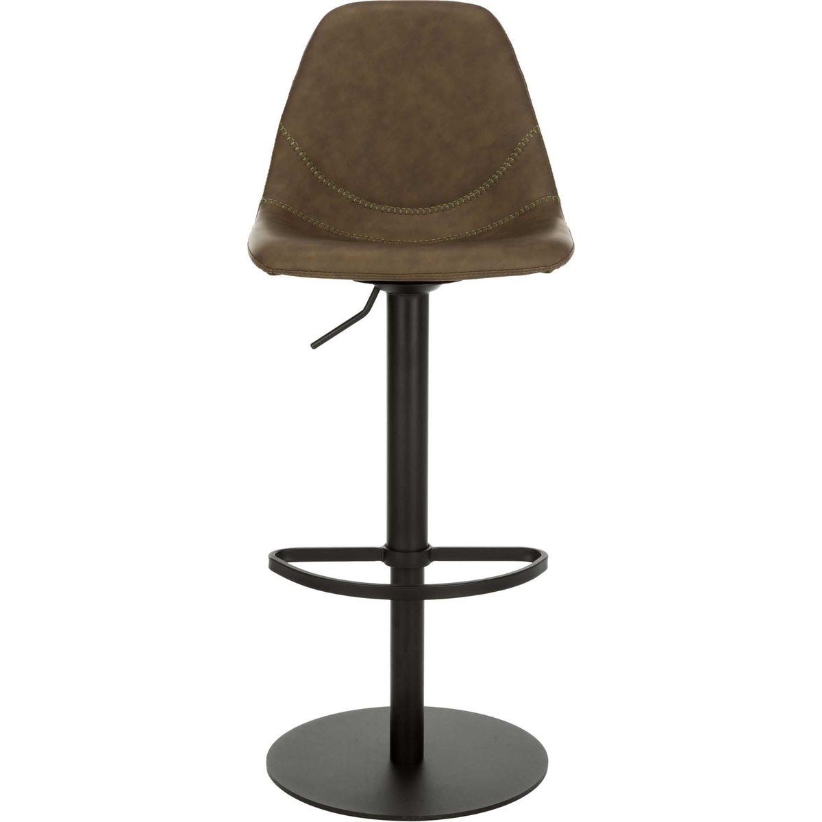 Olive faux leather barstool pairs a tailored seat with a black metal pedestal and footrest || BST3003B || front_studio