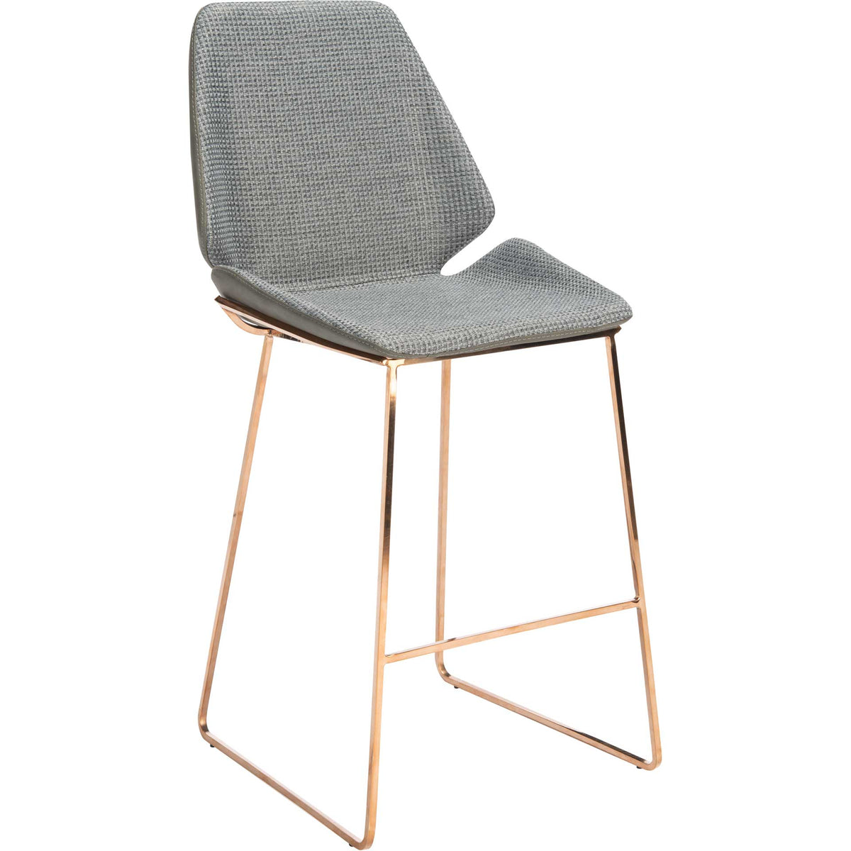 Soft gray upholstery contrasts with a lustrous gold-tone sled base and convenient footrest. || BST3006A || front_angle_studio