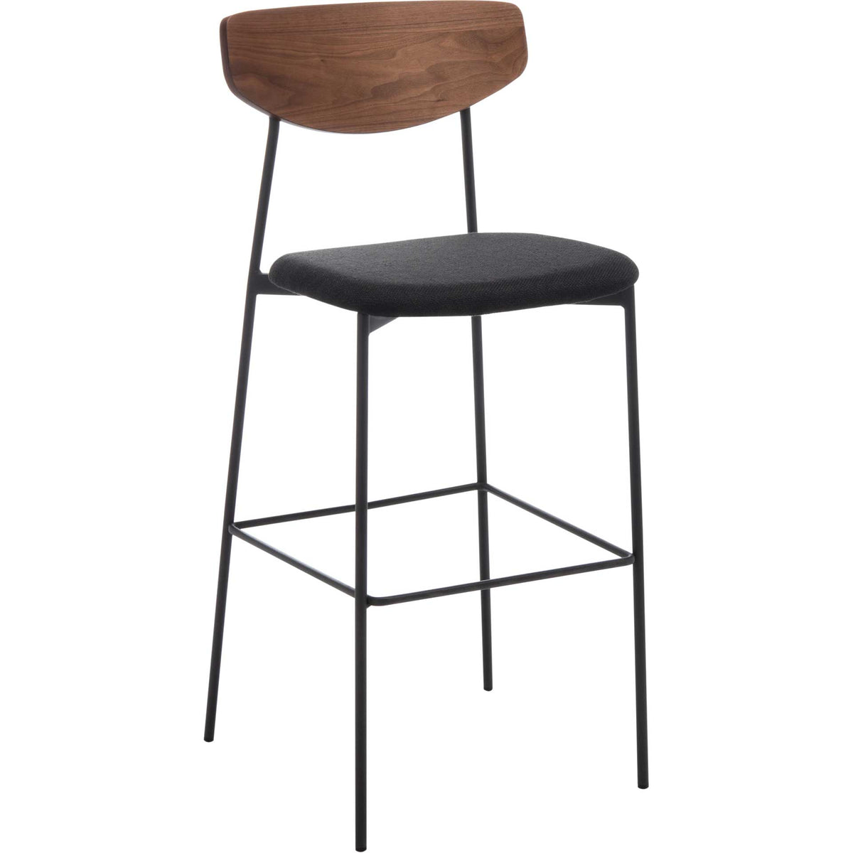 Deep walnut backrest contrasts with the soft black seat and airy bar-height iron frame || BST3008A || front_angle_studio
