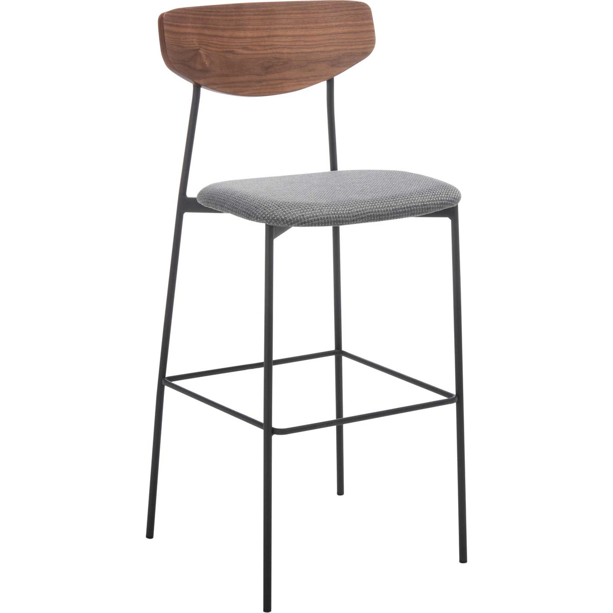 Textured gray cushion and gently curved walnut back balance this slender iron bar stool || BST3008B || front_angle_studio