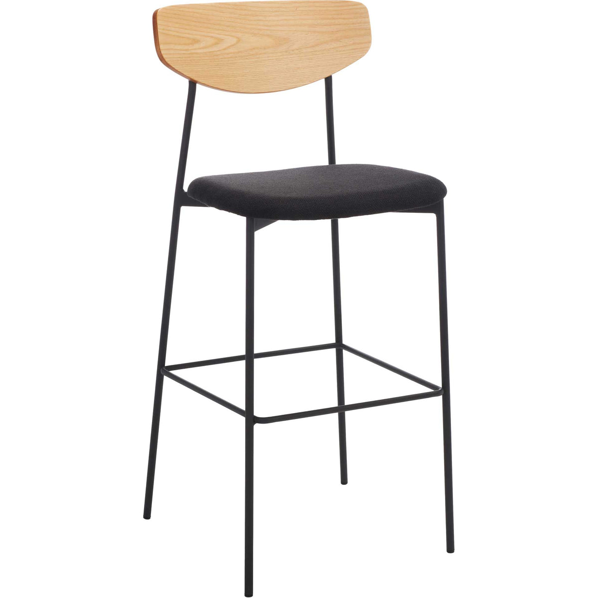 A gently curved oak backrest meets a cushioned black seat on a tall, open iron frame || BST3008C || front_angle_studio