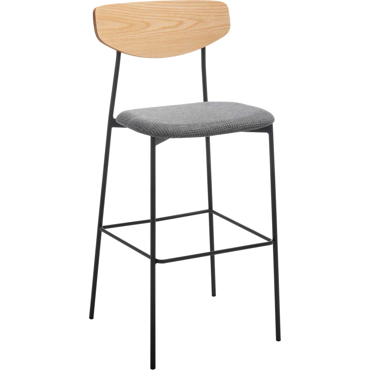 Gray upholstered seat and curved oak backrest give this tall, slender stool a mid-century feel || BST3008D || front_angle_studio