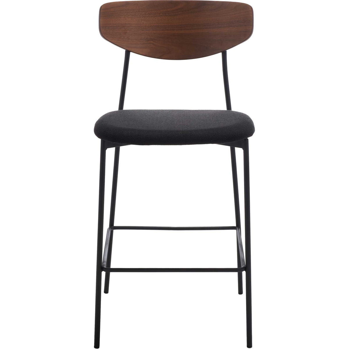 Dark walnut-finished backrest curves above a cushioned black seat and slim iron footrest || BST3009A || front_studio