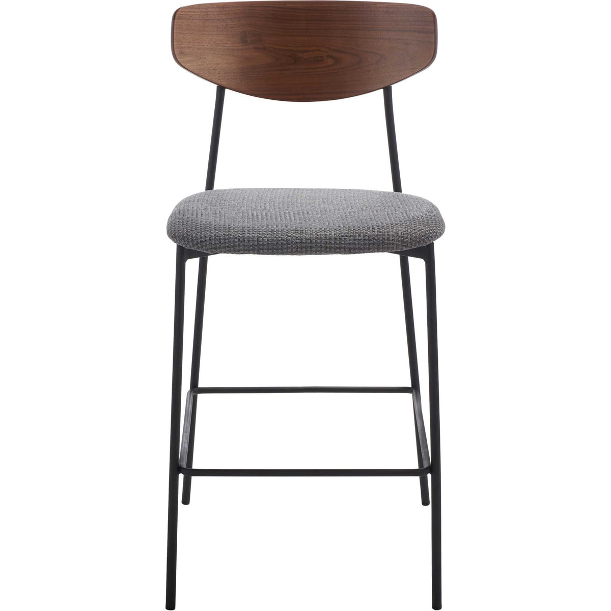 Walnut-finished back and gray cushioned seat define this lean black iron counter stool || BST3009B || front_studio