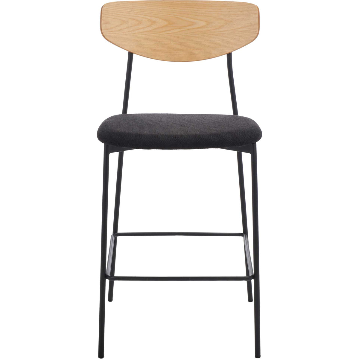 Curved oak back and plush black seat bring warmth to a slim iron counter stool || BST3009C || front_studio