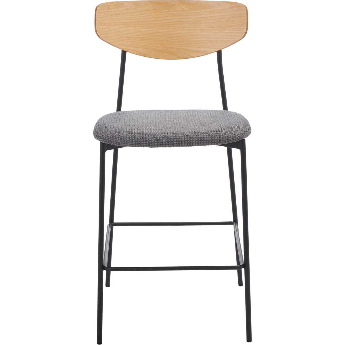 An oak-finished curved back and textured gray seat soften the slim black counter stool frame || BST3009D || front_studio