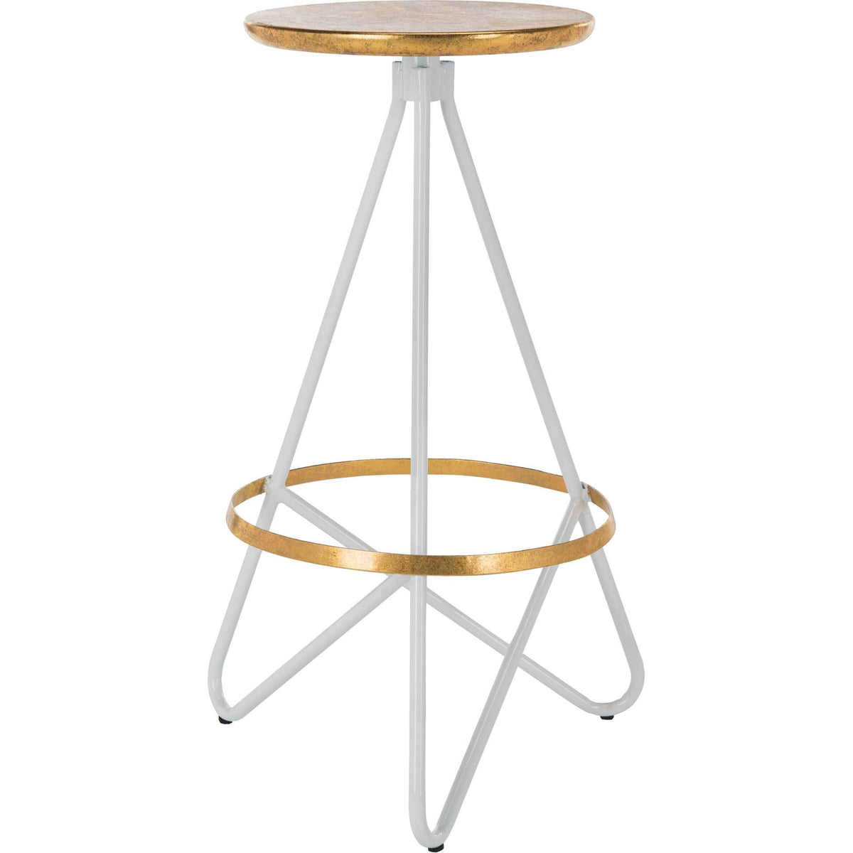 White iron bar stool has a gold-rimmed round seat, gold footrest and sculptural legs || BST3200C || side_studio