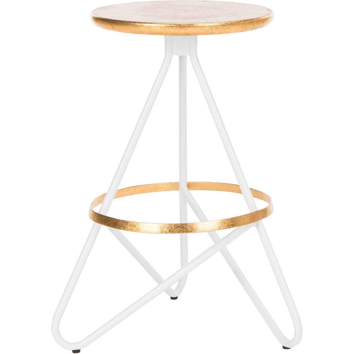 White counter stool pairs a gold-edged round seat with curved metal legs and a gold foot ring || BST3201C || front_studio