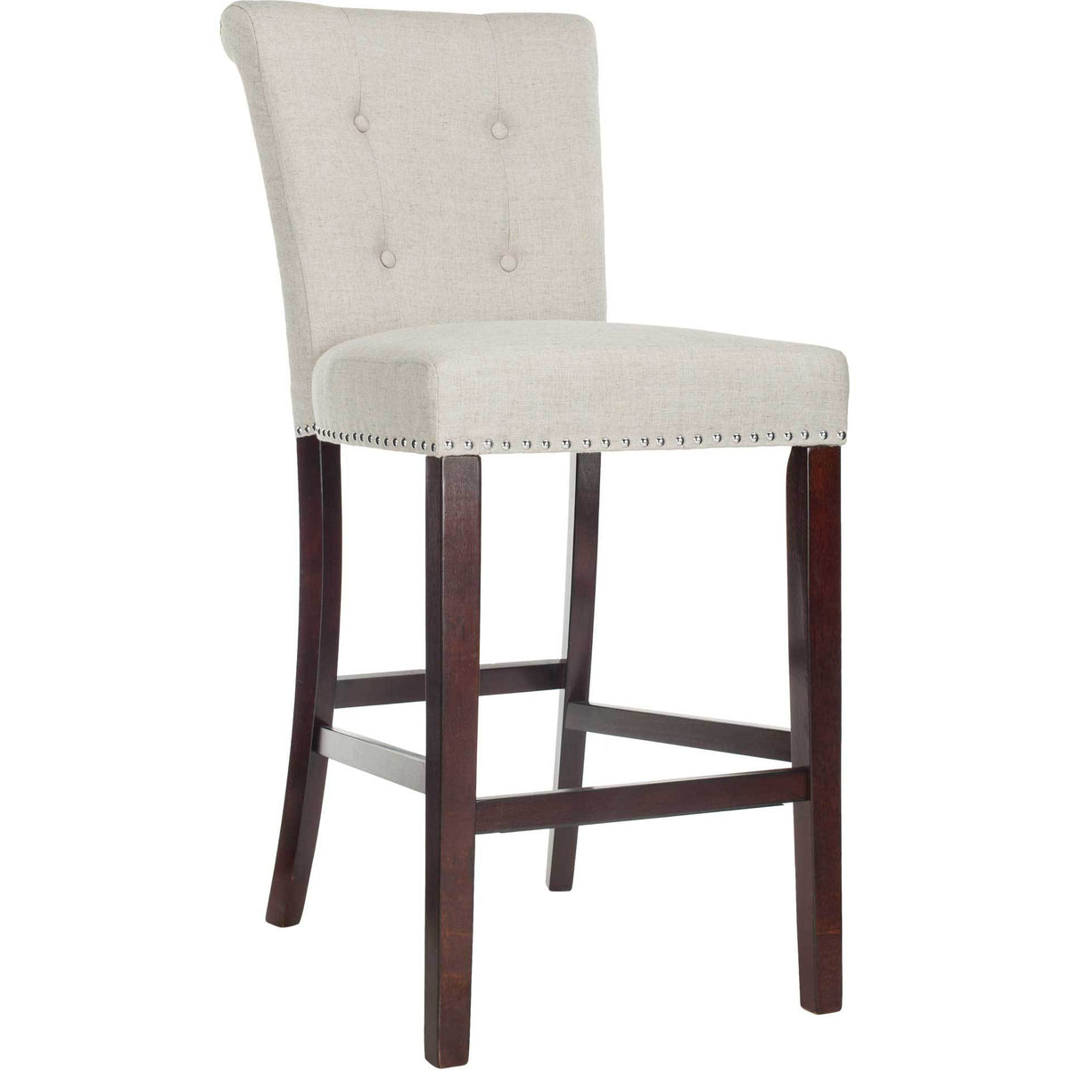 A light gray linen bar stool features a button-tufted back, cushioned seat, and espresso wood footrests. || BST6300A-SET2 || front_angle_studio