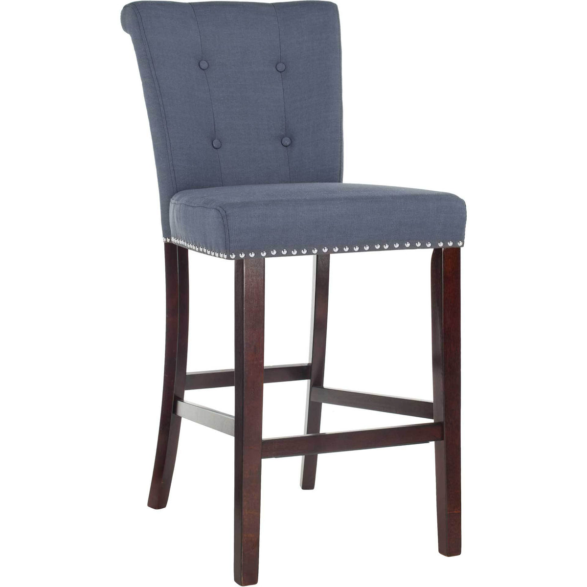 A navy linen bar stool blends button tufting, chrome nailhead edging, and dark espresso wood legs. || BST6300B-SET2 || front_angle_studio
