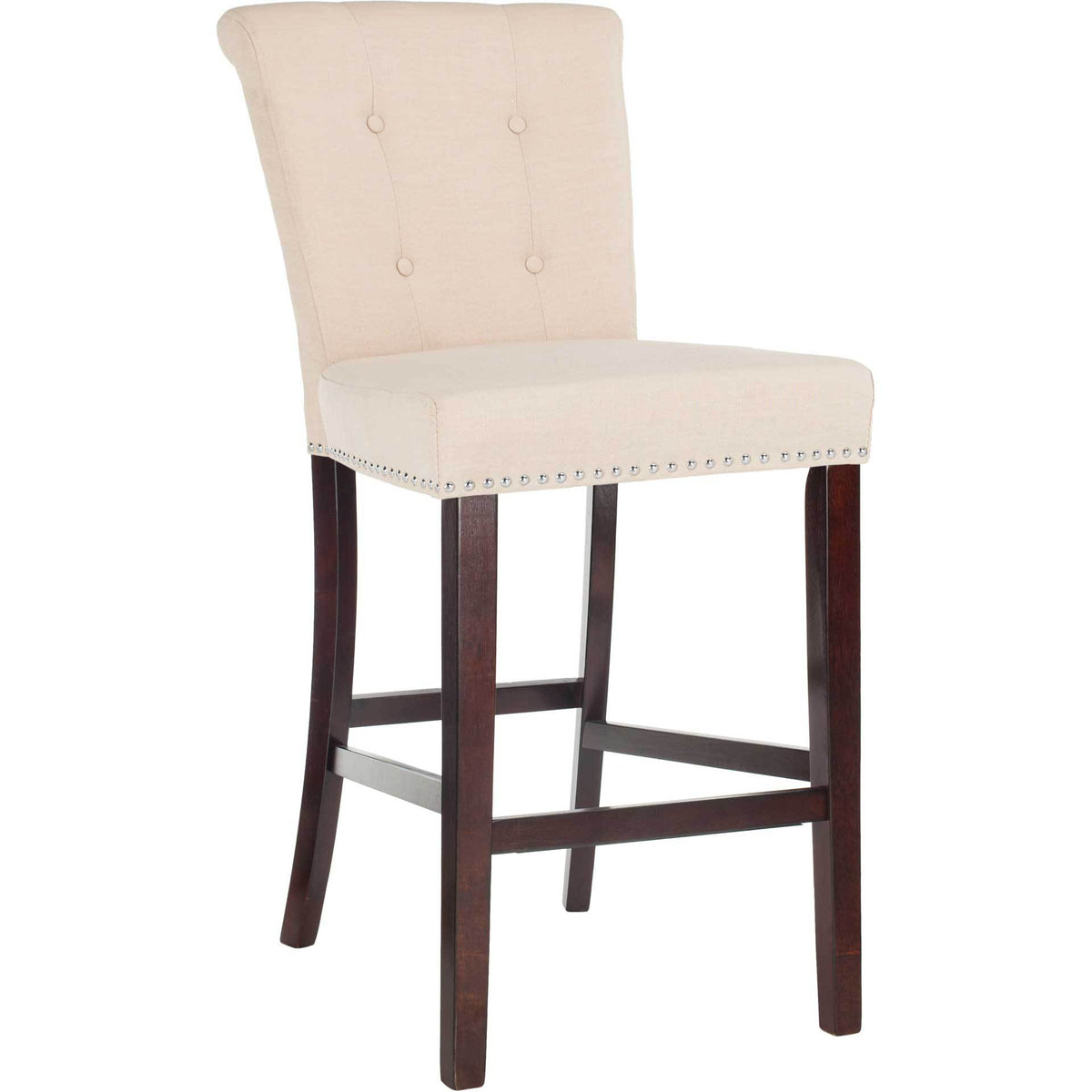 A beige linen bar stool features a cushioned tufted back, chrome nailheads, and espresso wood legs. || BST6300C-SET2 || front_angle_studio