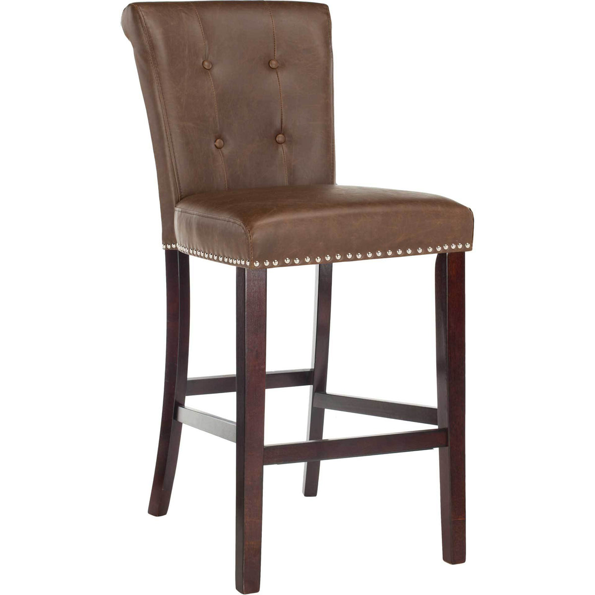 A brown faux leather bar stool combines a plush button-tufted back with chrome nailhead trim and espresso legs. || BST6300D-SET2 || front_angle_studio