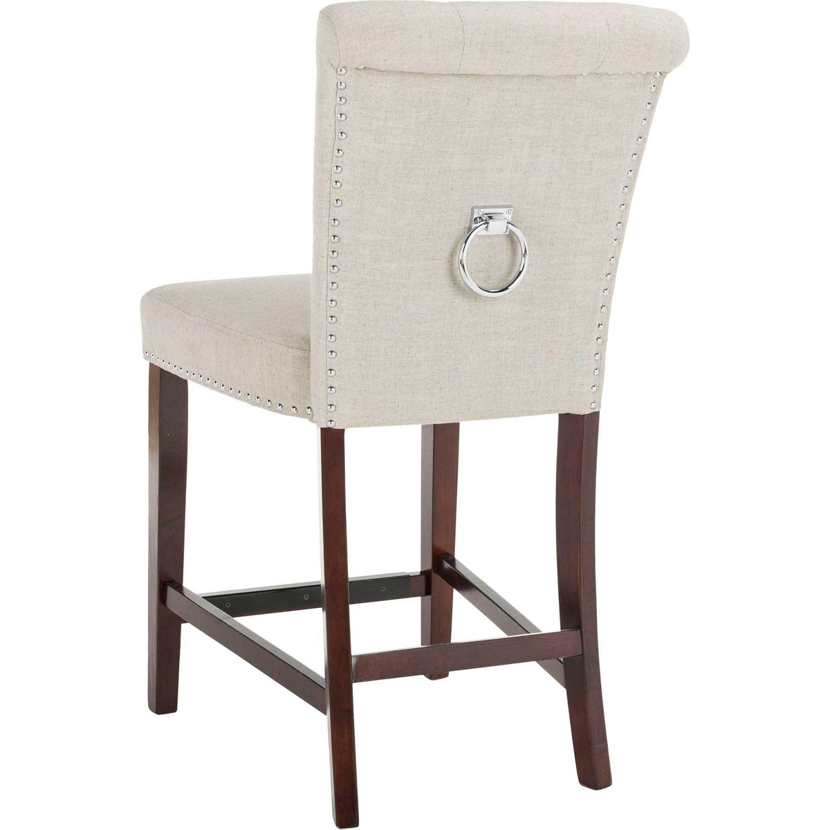 The curved light gray linen backrest features a chrome ring, nailhead edging, and a rolled top.