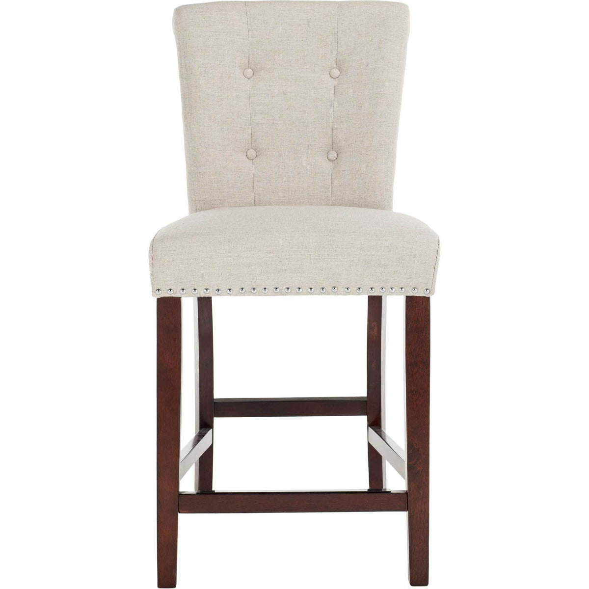 A padded light gray linen counter stool features four tufted buttons, gleaming nailheads, and a dark wood footrest. || BST6301A-SET2 || front_studio