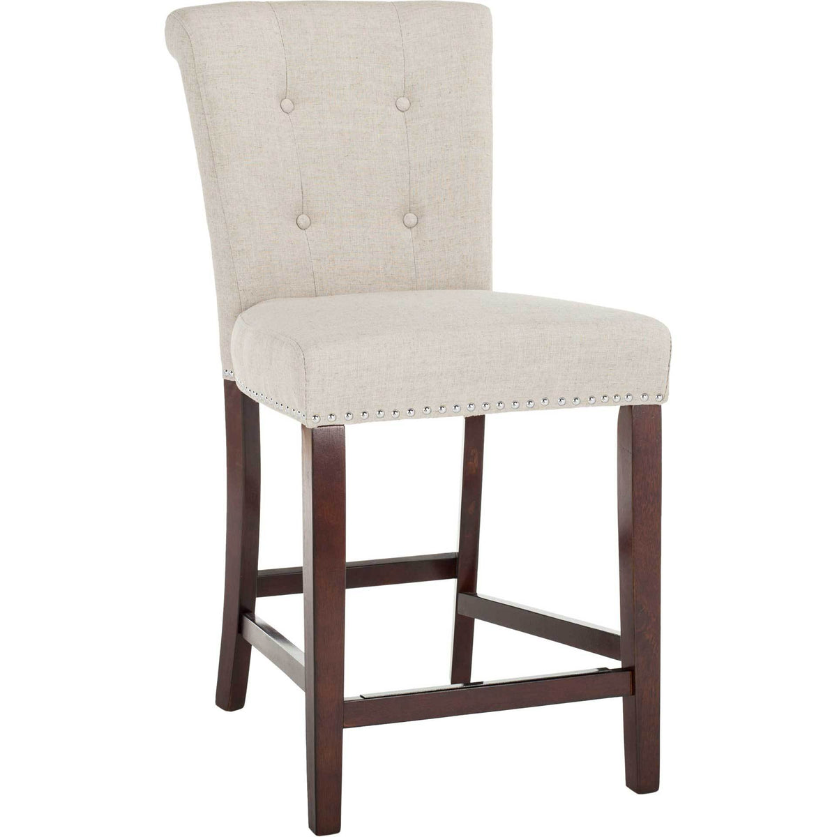Light gray linen and chrome nailheads soften a tufted counter stool on rich espresso wood legs.
