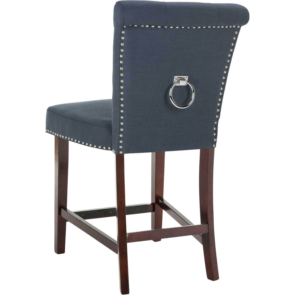 Nailhead trim edges the curved navy linen back, with a bright chrome ring above the wood frame.