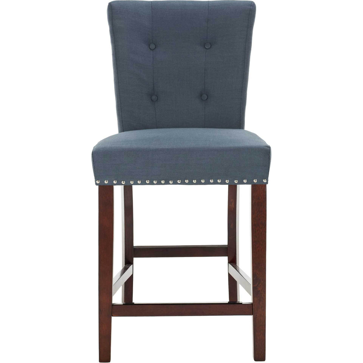 Four fabric-covered buttons accent the navy linen counter stool's back over a plush seat and dark wood legs. || BST6301B-SET2 || front_studio