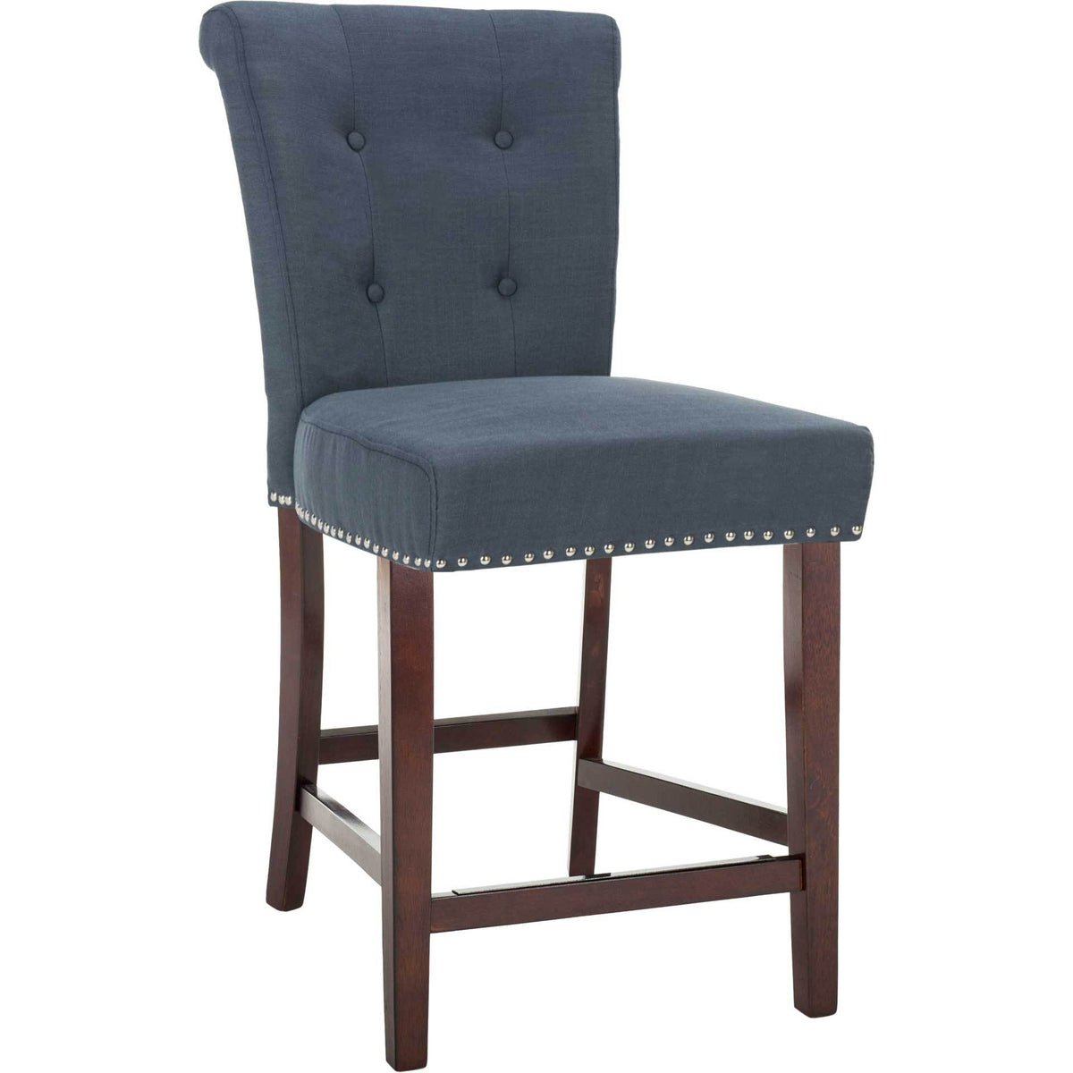 A navy linen counter stool pairs button tufting and chrome nailheads with espresso wood legs.