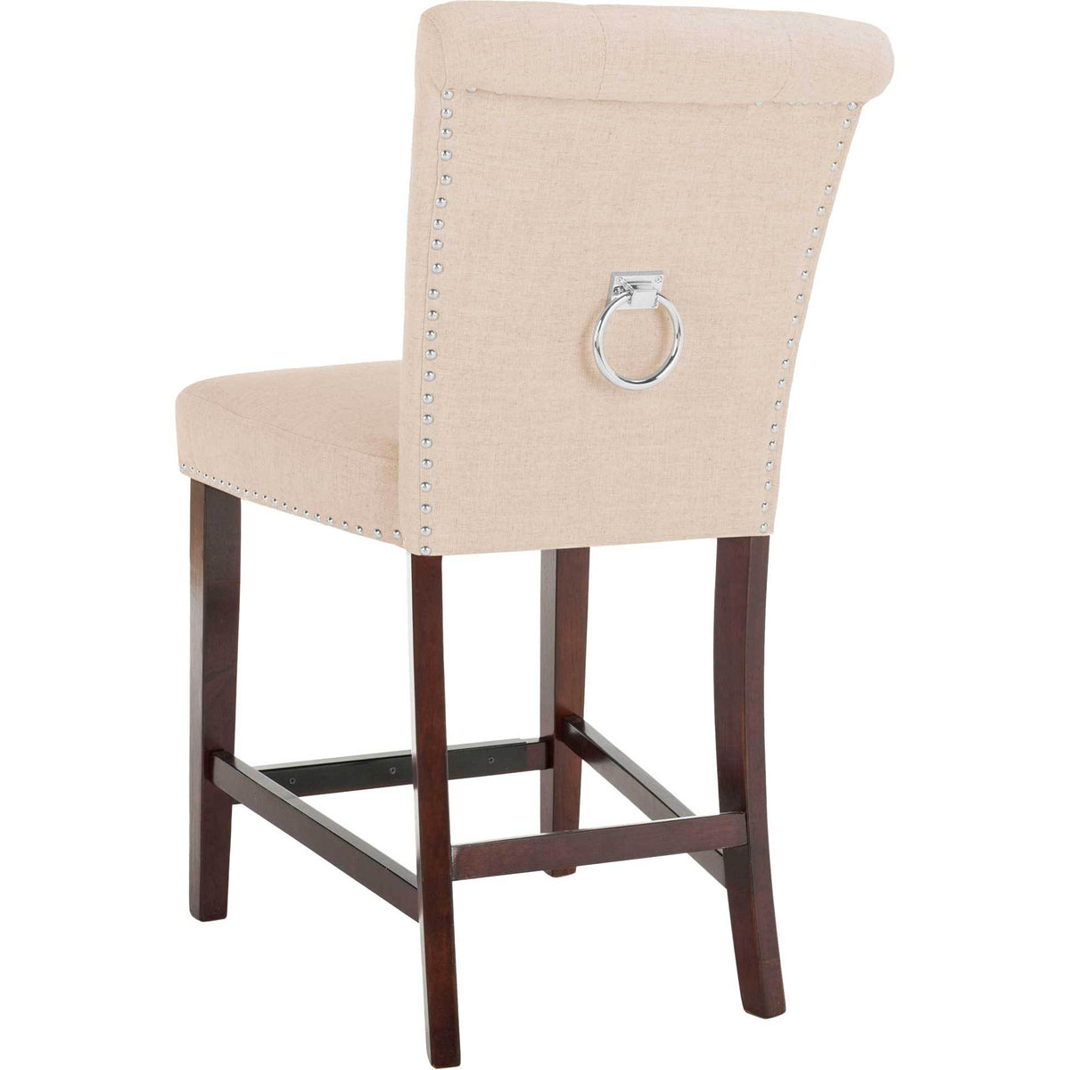 Curved beige linen upholstery wraps around a chrome back ring above the dark wood stool frame.