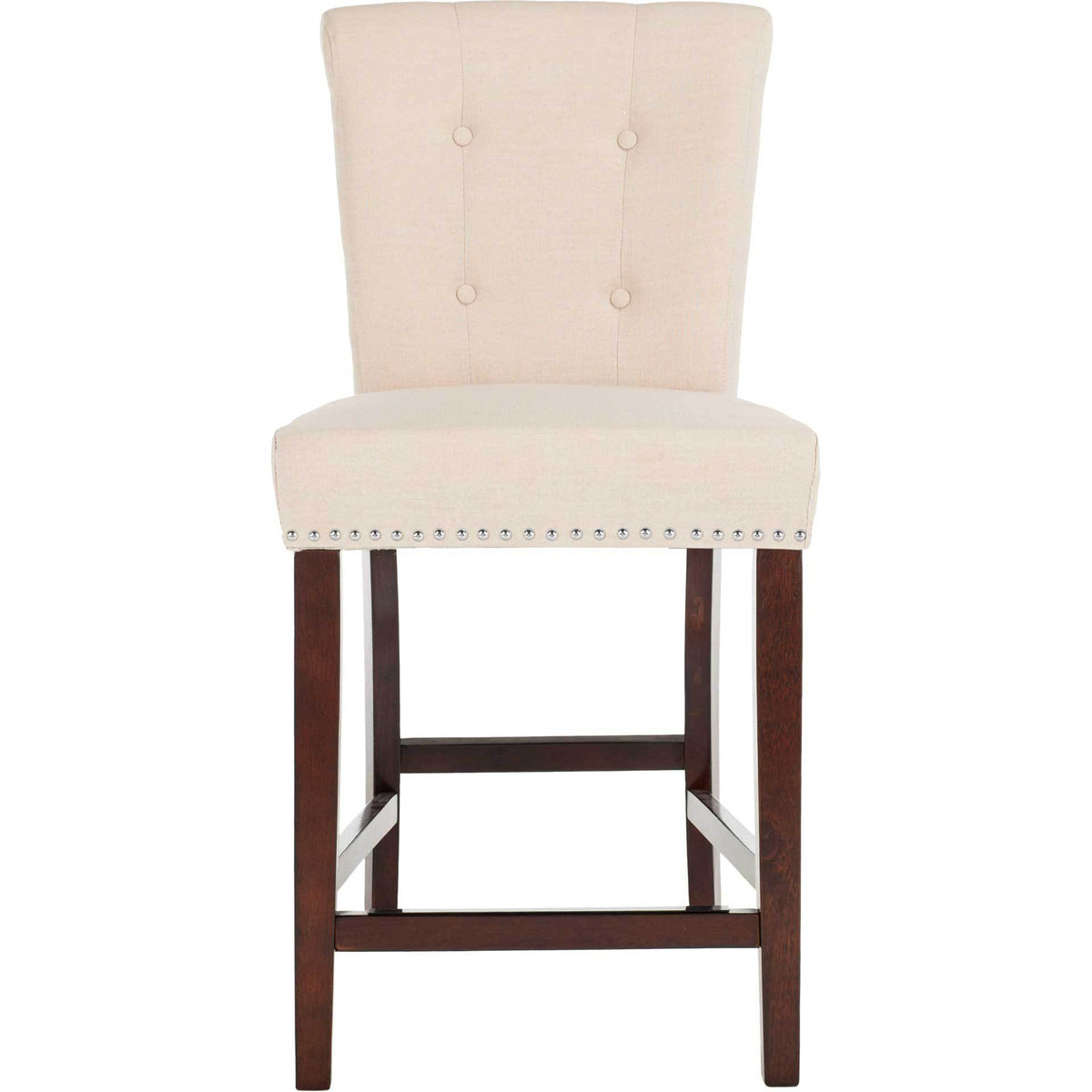 A plush beige linen counter stool pairs four tufted buttons with a neat row of chrome nailheads. || BST6301C-SET2 || front_studio
