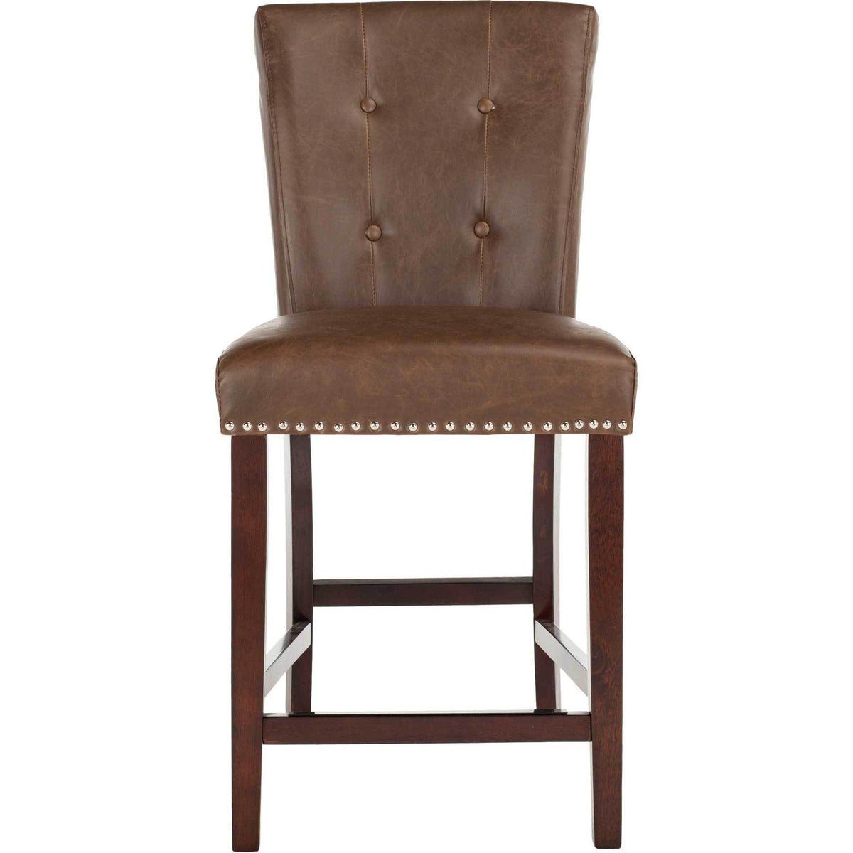A button-tufted brown faux leather back rises above a padded seat and dark espresso wood counter-height frame. || BST6301D-SET2 || front_studio