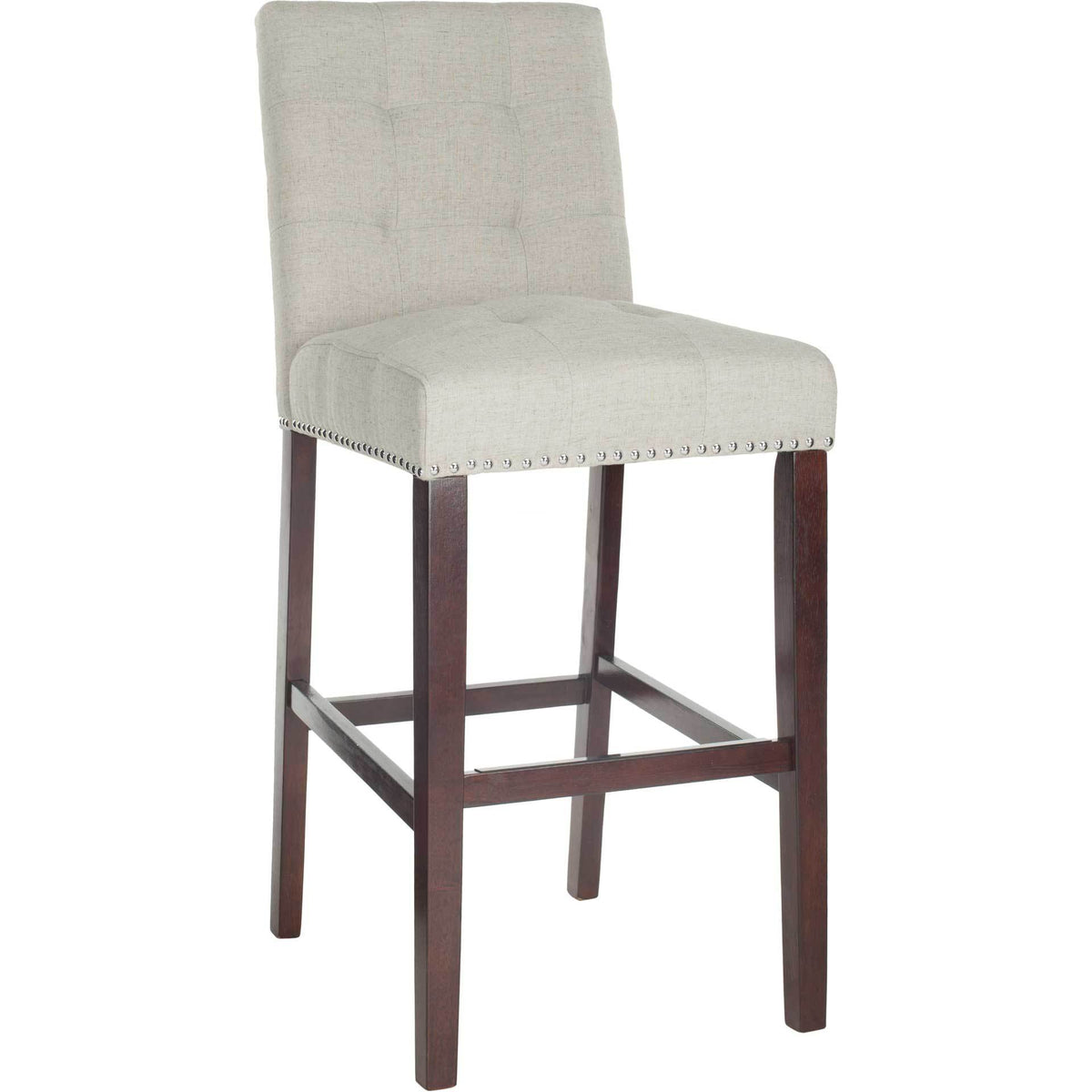 A light gray linen bar stool pairs a cushioned back with shiny nailhead trim and dark wood footrests || BST6302A-SET2 || front_angle_studio