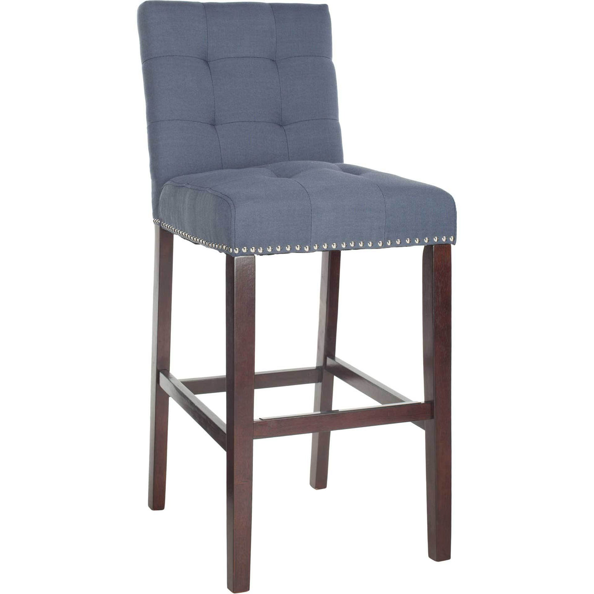 A navy upholstered bar stool combines tailored tufting, studded trim and dark wood footrests || BST6302B-SET2 || front_angle_studio