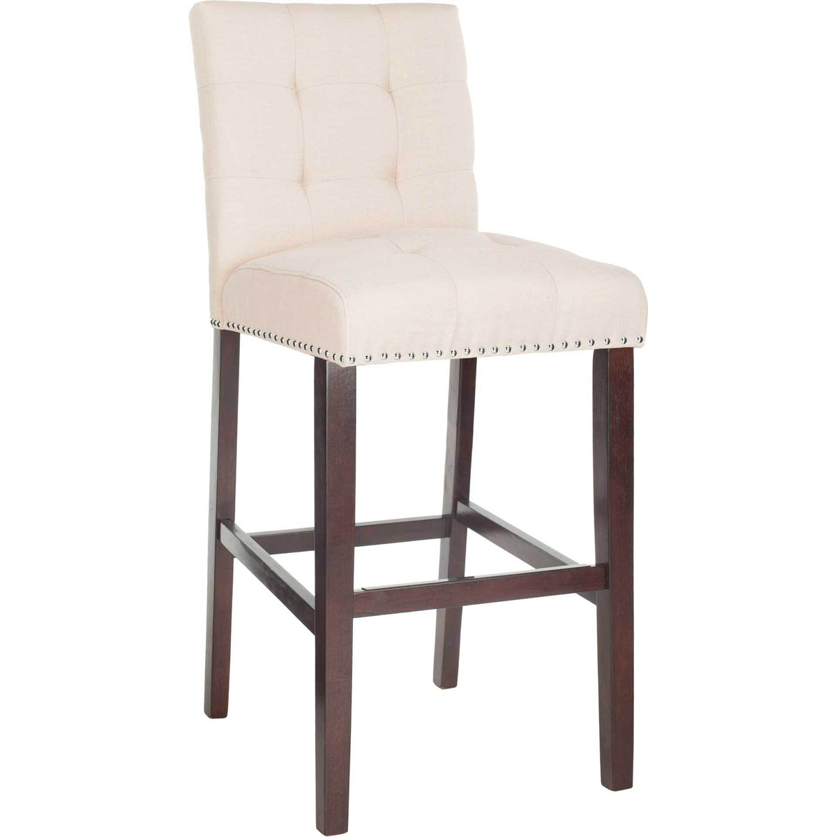 A beige upholstered bar stool features a tall cushioned back, silver nailheads and dark wood footrests || BST6302C-SET2 || front_angle_studio