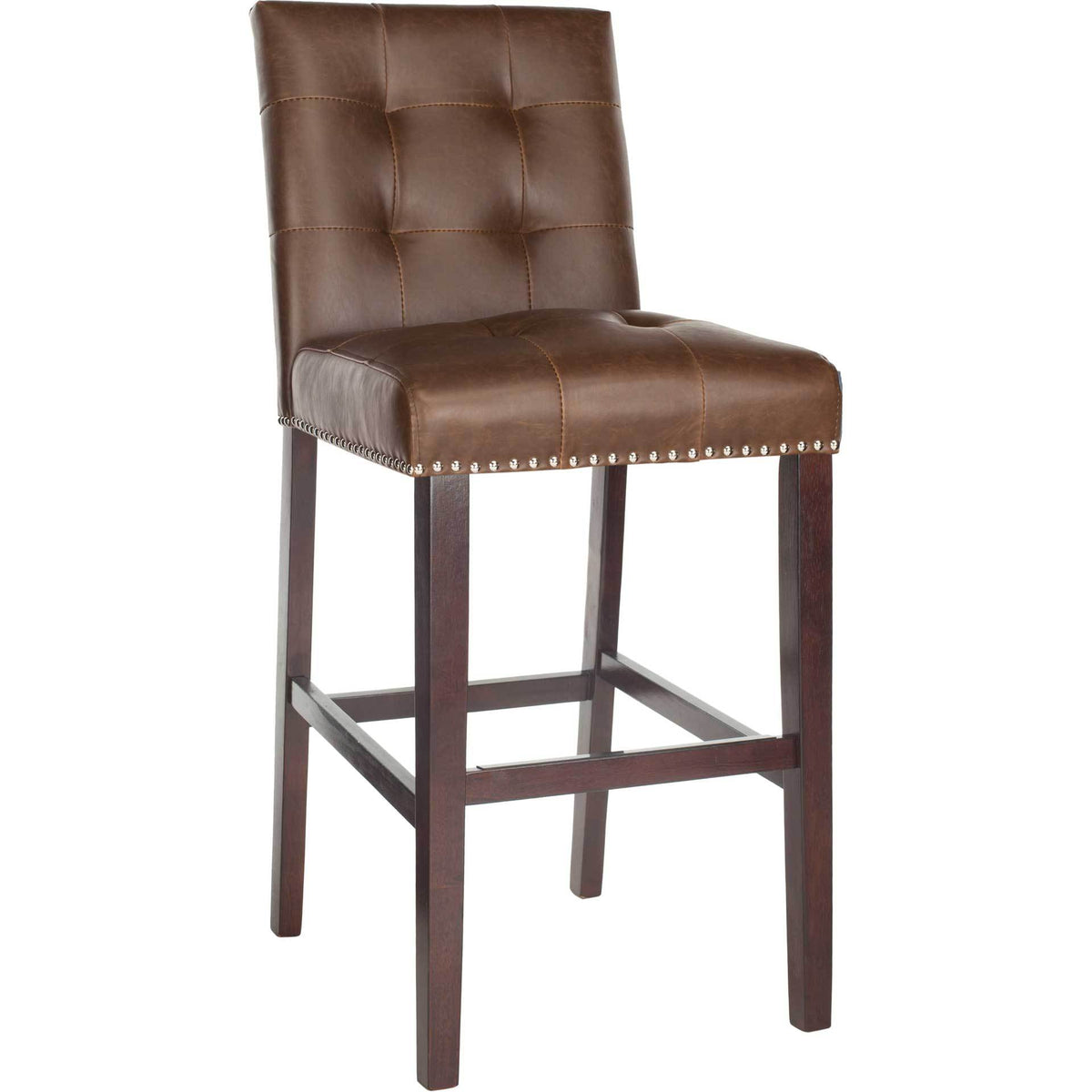 A brown faux leather bar stool combines a tufted back, polished studs and espresso wood footrests || BST6302D-SET2 || front_angle_studio