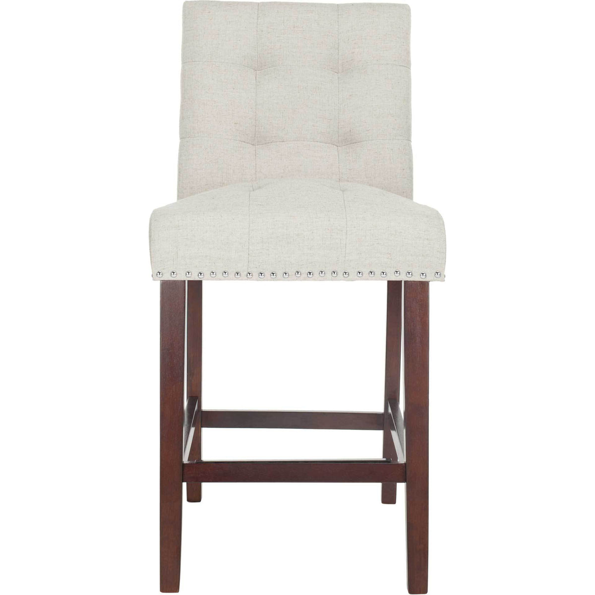 A light gray linen counter stool has a softly tufted back, padded seat and nailhead edging || BST6303A-SET2 || front_studio