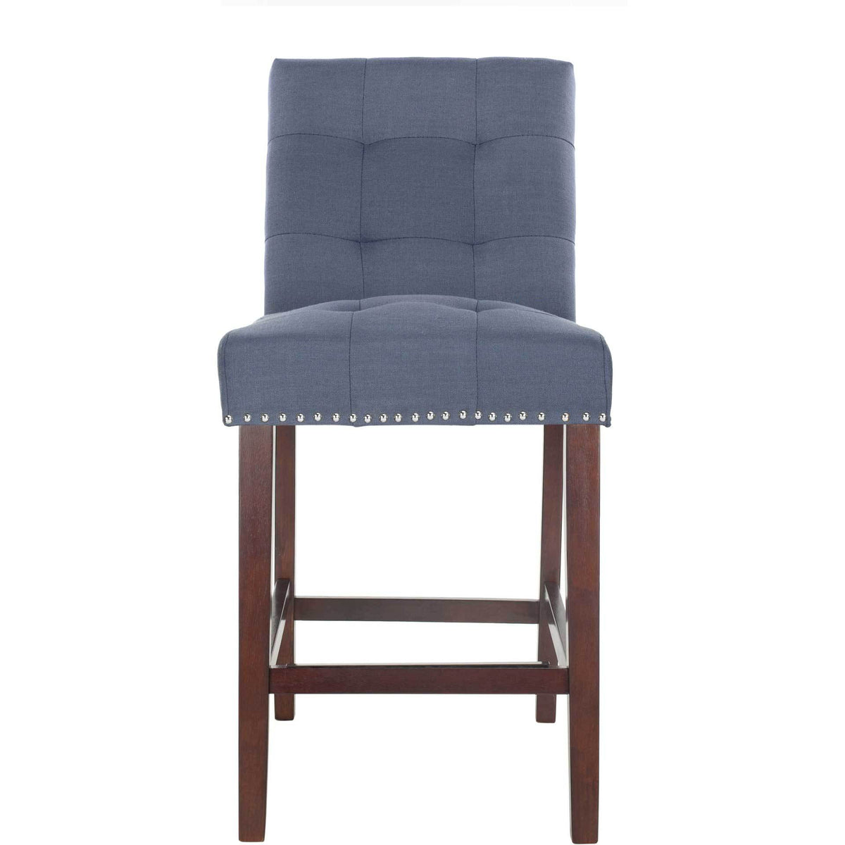 A navy counter stool combines a padded tufted back and seat with a row of silver studs || BST6303B-SET2 || front_studio