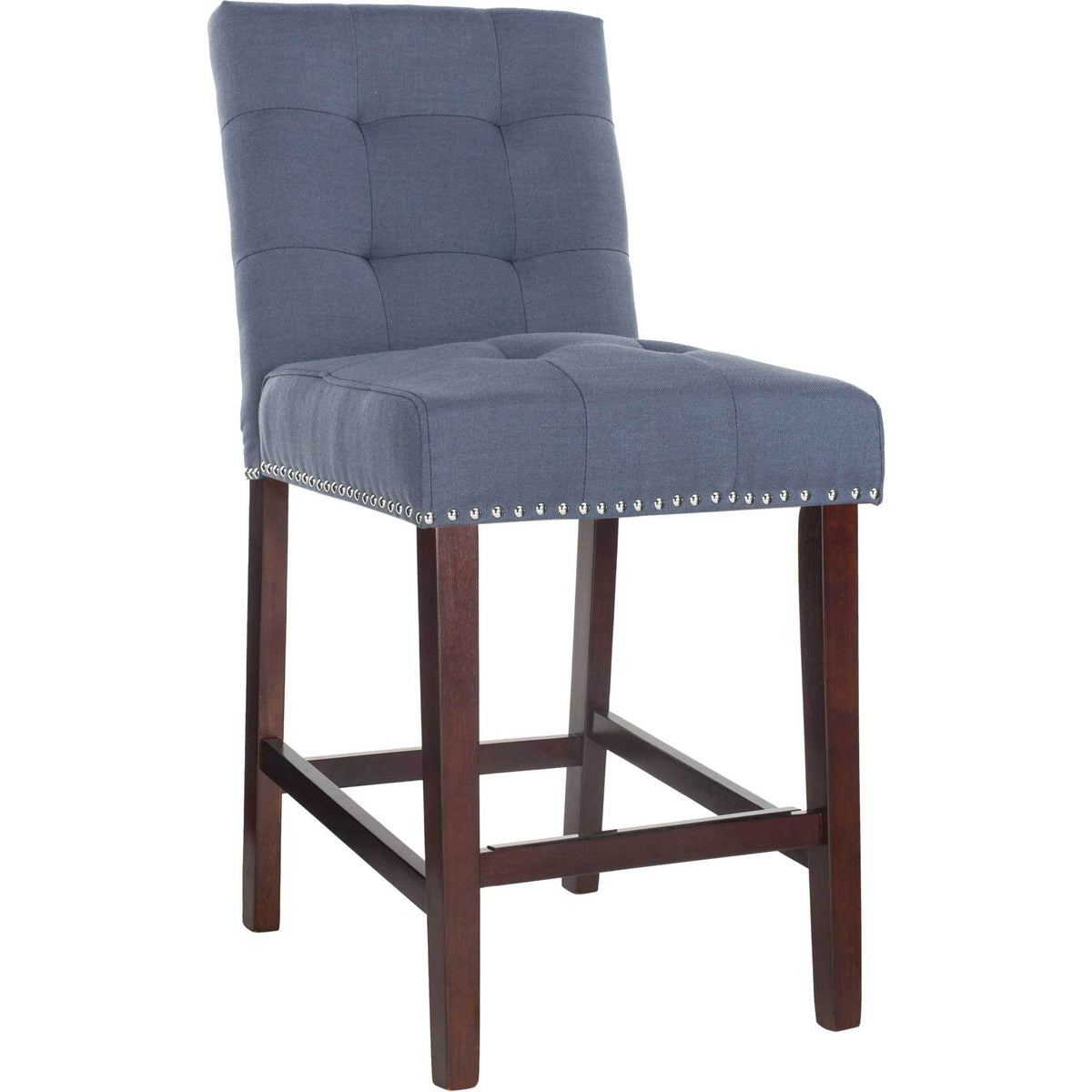 A navy linen counter stool pairs a tufted cushioned seat with nailhead trim and espresso wood legs