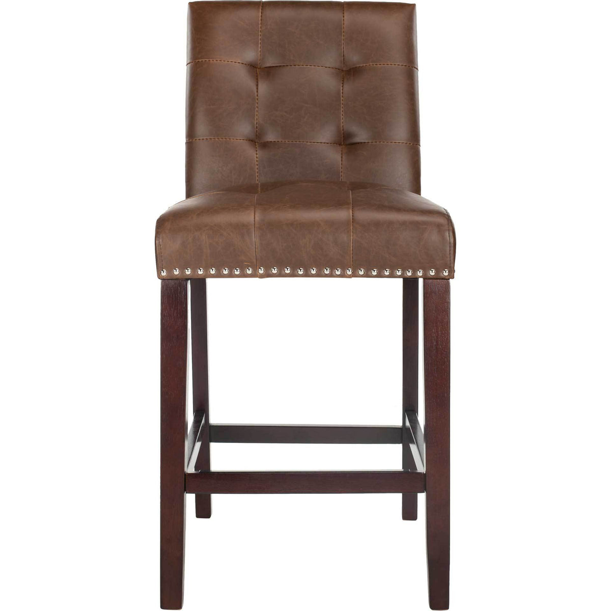 A tufted brown faux leather counter stool has contrasting stitching and a studded seat edge || BST6303D-SET2 || front_studio