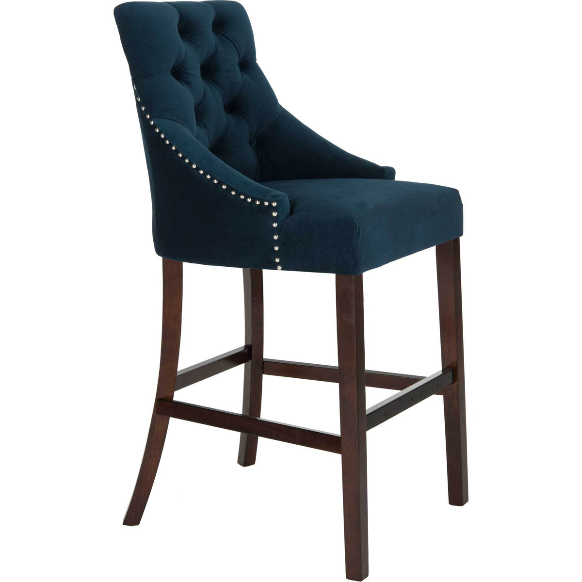Navy velvet bar stool combines a tufted wingback, chrome nailhead trim, and tall espresso wood legs. || BST6304A-SET2 || front_angle_studio
