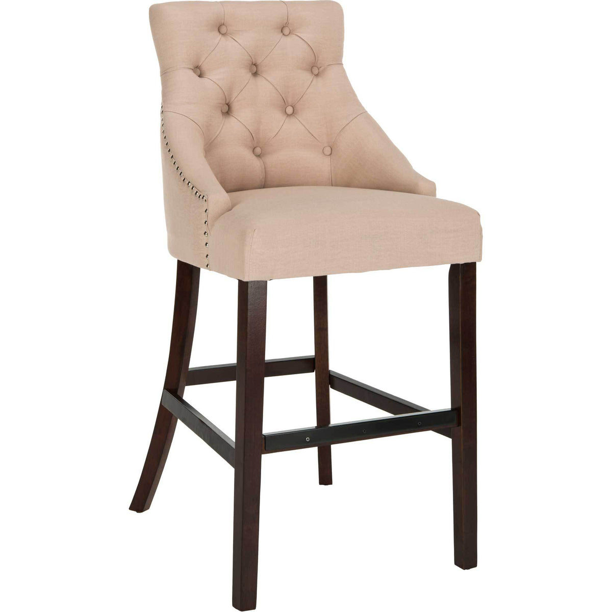 Beige linen bar stool pairs a tufted wingback with chrome nailheads and tall espresso wood legs. || BST6304E-SET2 || front_angle_studio