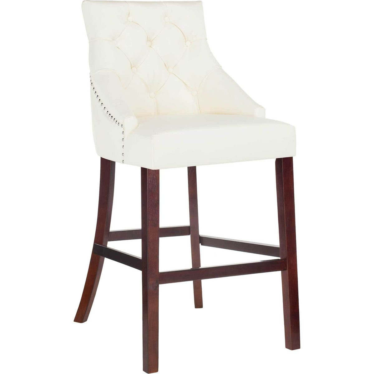 White faux leather bar stool features a tufted wingback, gentle curves, and tall espresso wood legs. || BST6304G-SET2 || front_angle_studio
